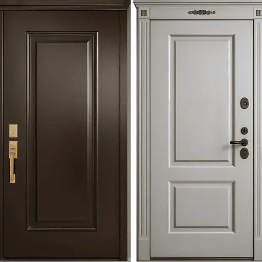 Две входные двери — тёмно-коричневая и светлая с молдингом, вариант отделки с декоративными вставками