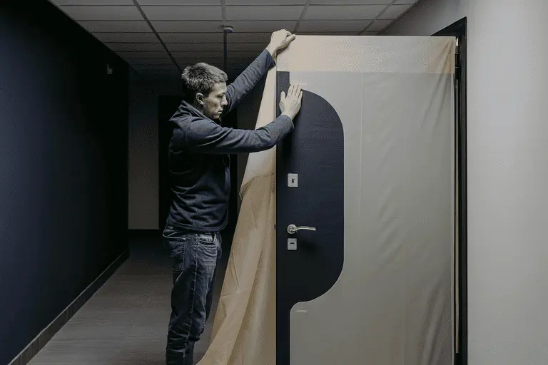 Мужчина закрывает входную дверь защитной чехлом во время ремонта