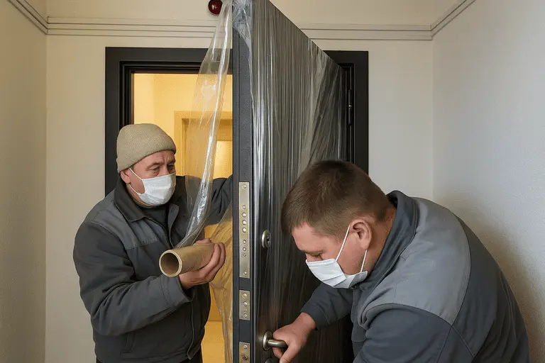 Рабочие оборачивают входную металлическую дверь полиэтиленовой плёнкой для защиты во время ремонта